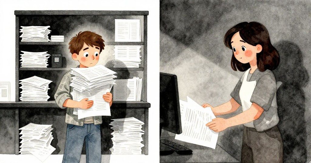 Sam與Ruby畫面分成兩邊,Sam忙亂鬥爭文件與負重,Ruby穩健幫助調整物品,情緒對比明顯。