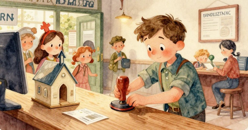 郵局外玻璃門前,貨車司機輕敲金屬坡道引導行李車,外景現代城市風貌續寫情節。