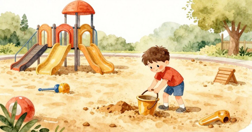 班恩在溫暖下午光線中的操場上用力拉扯沙桶，沙子堆積在旁，臉上充滿期待與緊張，背景有滑梯與登山架。