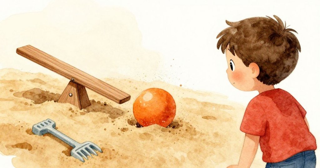 班恩背後視角展現沙堆崩塌釋放滾動的橙球，細節呈現木製翹翹板與塑膠耙滑動，暖光中情緒複雜。