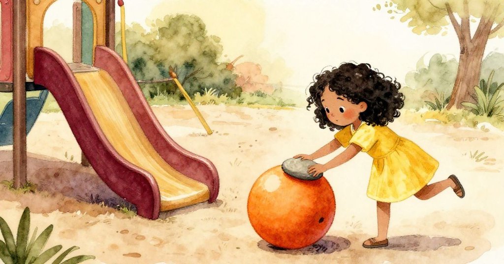 塔拉從滑梯區走來，小心地用平石堵住滾動的橙球，背景是充滿秋日暖光和柔和風的操場。