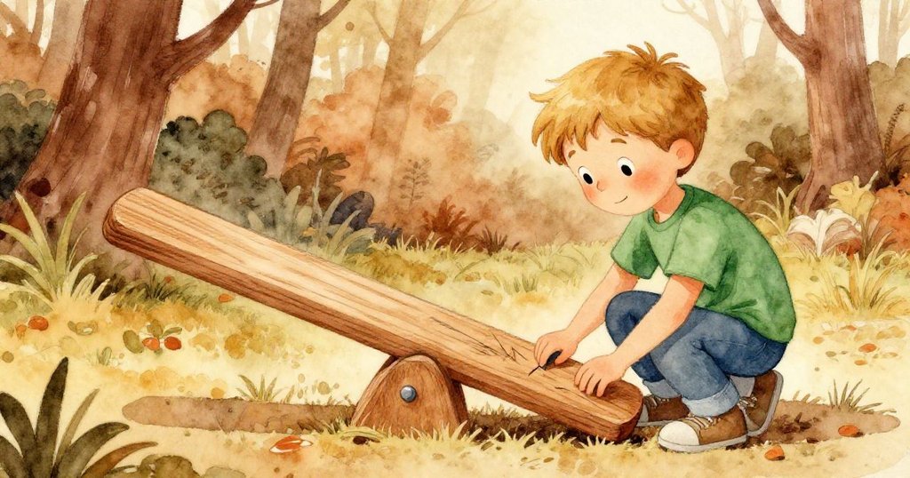 奎因蹲下用雙手穩住翹翹板，仔細檢查塑膠耙留下的刮痕，臉上流露專注與思索，場景充滿溫暖色調。