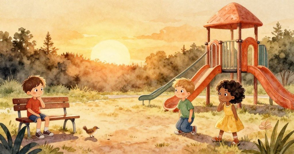 在夕陽餘暉中，班恩、奎因與塔拉凝視操場，眼神中流露出思索與平靜，旁邊有小鳥尋找麵包屑，溫暖落幕。