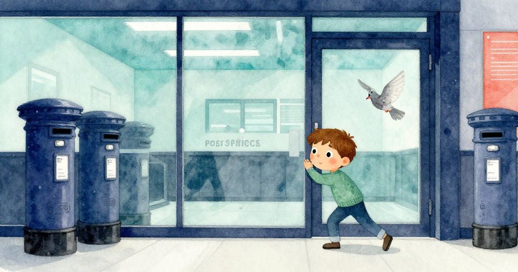 拉斐推開玻璃門,眼中流露好奇,斑點鴿子飛舞,郵筒背景呈現都市現代律動與神秘氛圍。