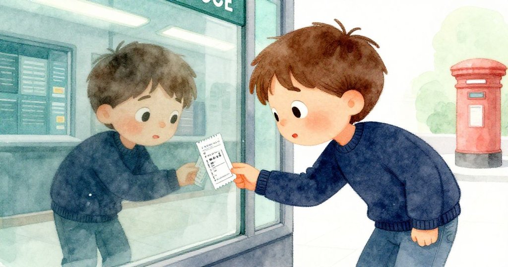 拉斐蹲下拾票時倒影映出疑惑神情,玻璃光影中呈現獨特層次與細膩情感。