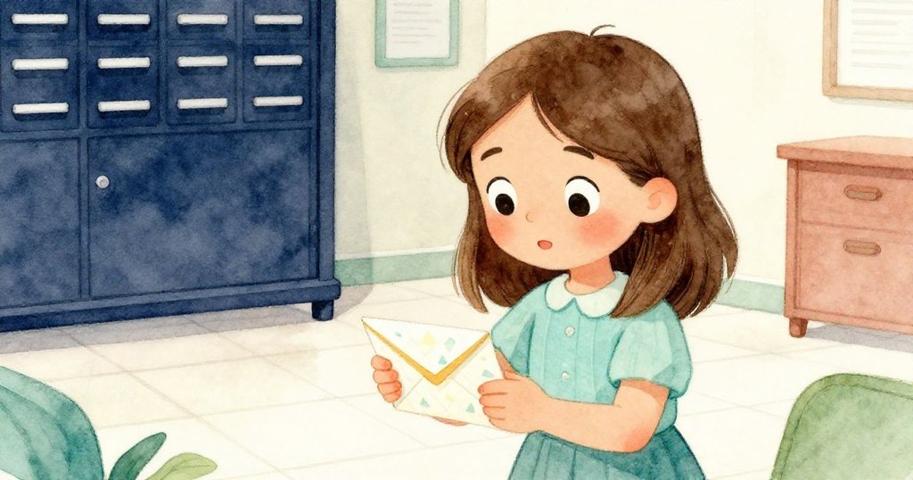 梅布輕傾手中信封,細看花紋與縫線,柔光中透露出尋找線索的專注與神秘感。