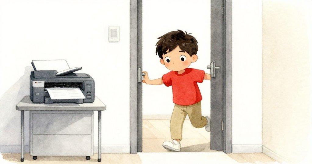 Luke走進走廊，伸手觸碰發熱的印表機外殼，臉上流露希望與好奇，背景明暗交錯。