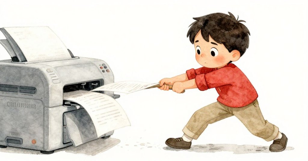 Luke雙手用力拉出卡住的紙捆，低角度展現堅定神情與印表機內部塵埃細節。