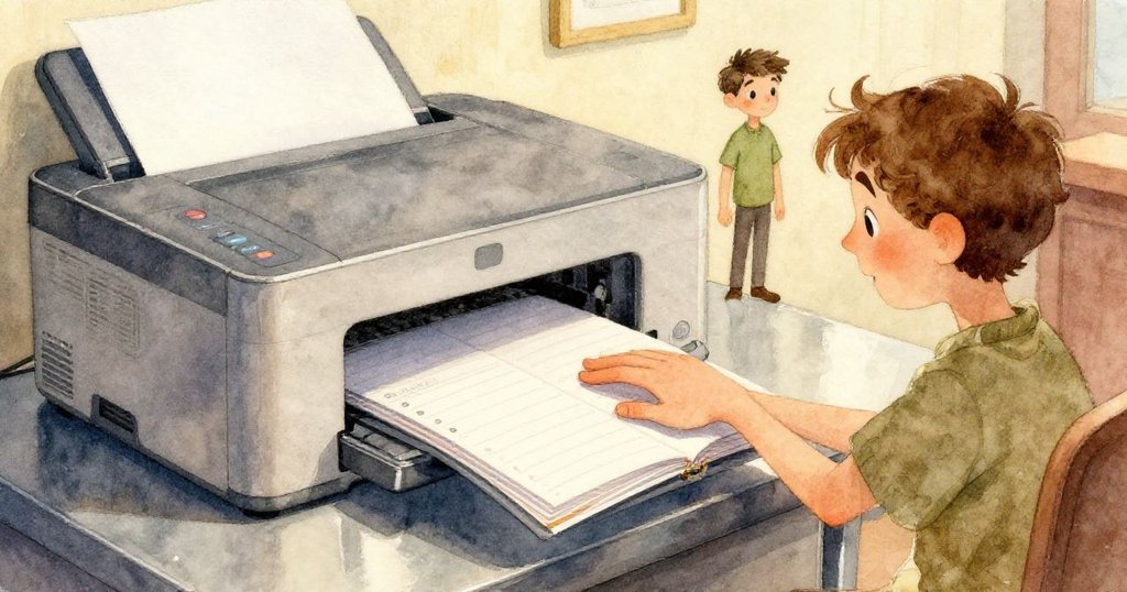 紙頁如牌散開時撞倒發票堆，使得隱藏的休息室門隱約顯現，走廊背景展現柔和光影。