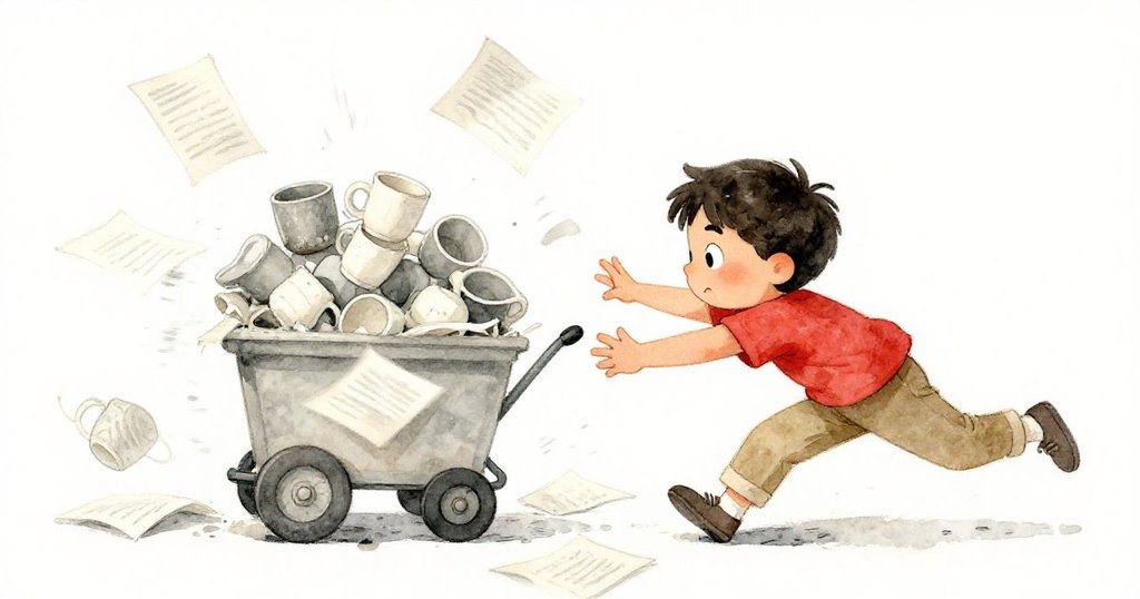 Luke急速衝向滑動的杯車，踏過散落紙張，動作果敢展現緊迫與決心，走廊細節豐富。