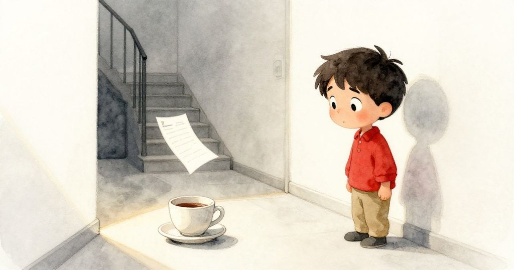 事件平息後，一隻杯子在托盤中微顫，單頁議程隨風飄向樓梯，溫暖光線中展現寧靜氛圍。