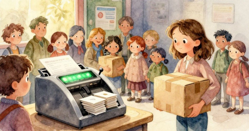 Tess的手細緻地握著舊紙箱，紙箱上曲折的貼紙彰顯歷史，背景中金屬櫃台微微震動，細節豐富。