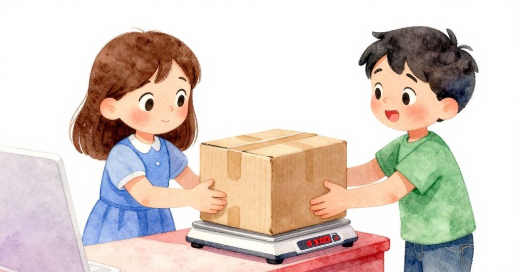 Tess與Bram在秤上調整紙箱，紅色數字逐漸穩定，合作的神情讓郵局內氛圍從緊張轉為平和。