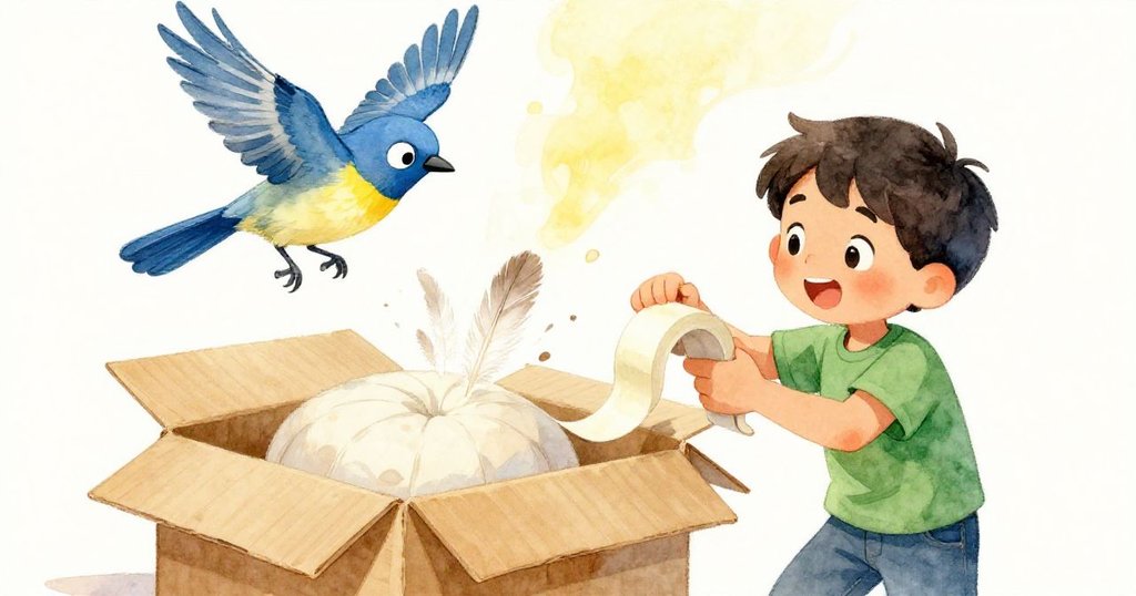 Bram剝開膠帶釋放出白羽，小鳥俏皮飛進場中，郵局現出溫馨奇妙的互動瞬間。