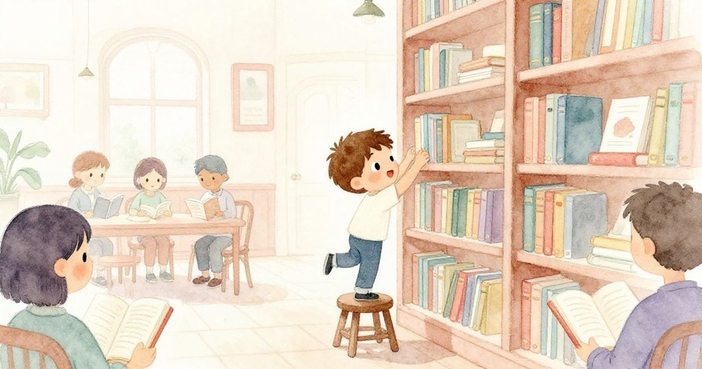 在溫暖的圖書館中,Luke站在高書架前努力伸手,周圍有許多人靜靜閱讀,他充滿好奇與期待。