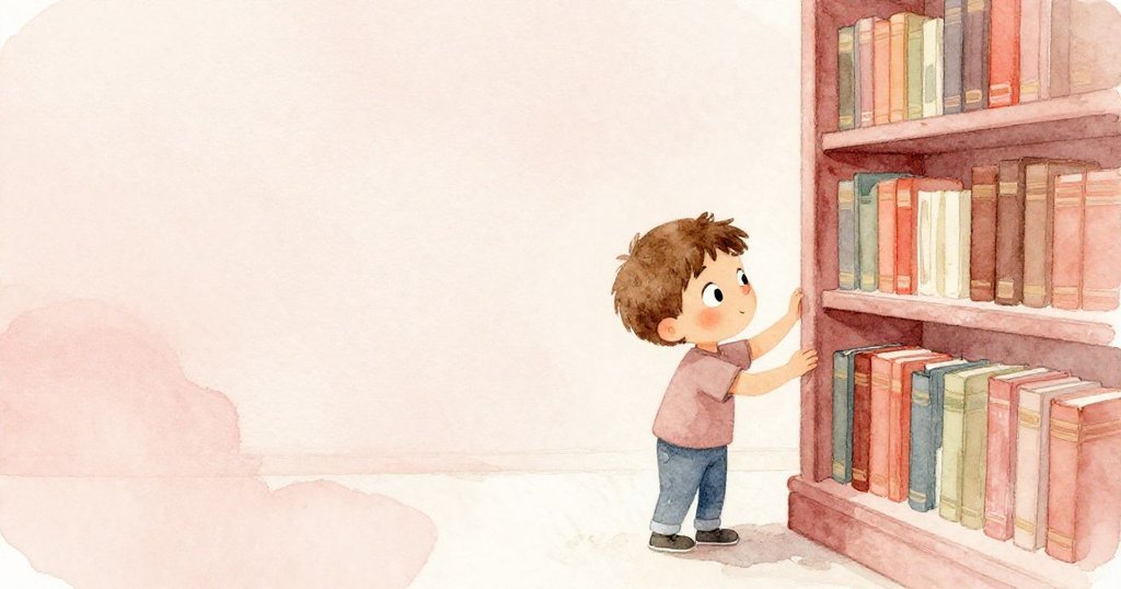 在空曠角落中,Luke注視缺失的書本位置,感到既孤獨又好奇,背景簡約突顯他探索的動作。