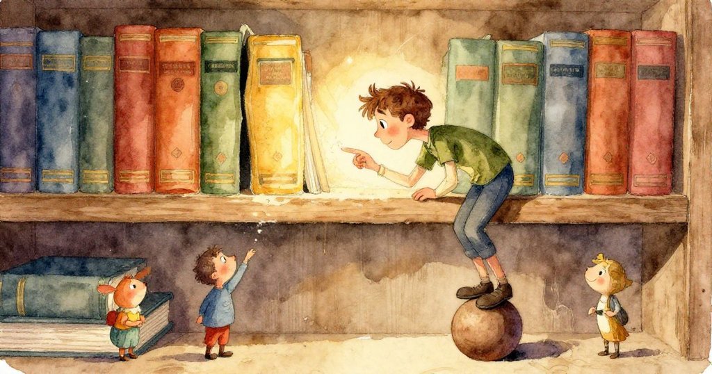 從Luke視角看見塵埃覆蓋的書架缺口,他小心觸摸顯示出隱藏的石書,充滿期待與神秘。