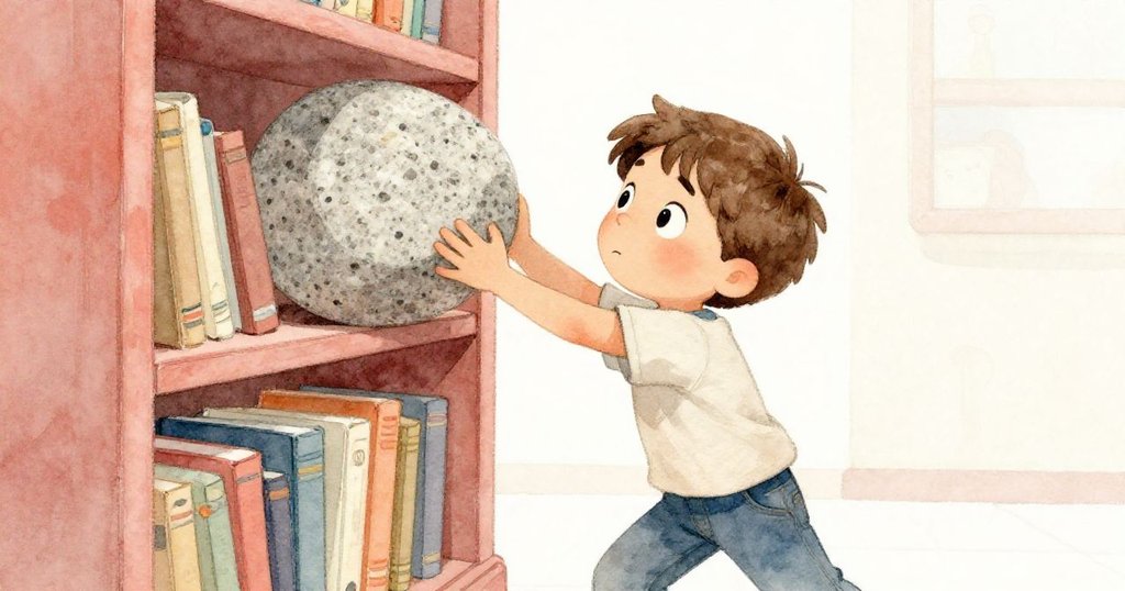 在昏暗的書架前,Luke努力拉動沉重的石書,他的表情集中且帶有一絲挑戰,動作緊張而充滿力量。