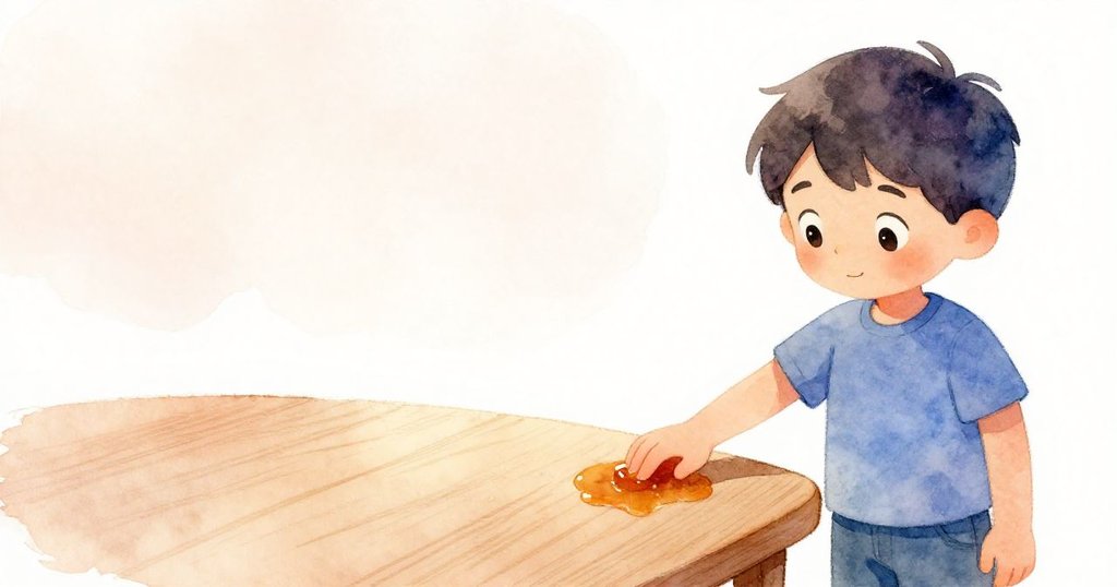 瑞德在書桌邊溫柔觸碰琥珀色痕跡,空白處突顯其神秘感,流露出好奇探索的心情。