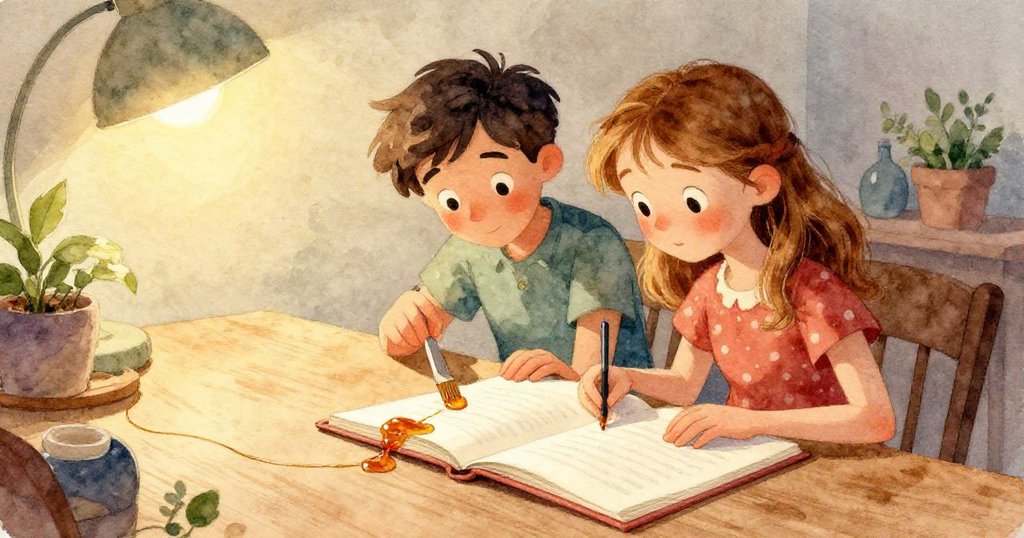 從瑞德的視角看見桌子下曲折的琥珀色痕跡延伸至柔軟地毯,表現出探索未知的興奮與期待。