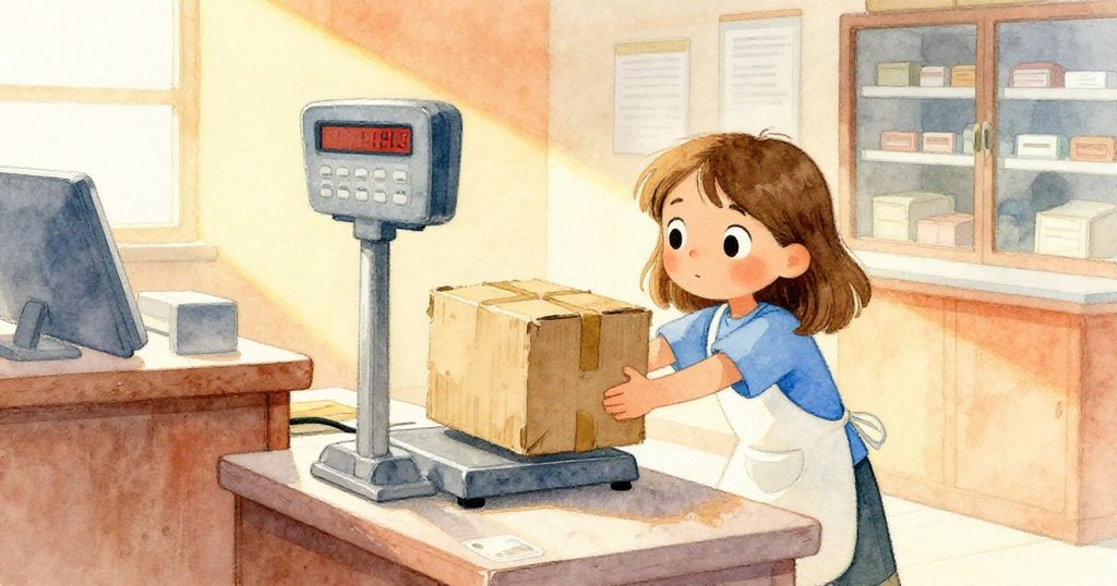 Tess 穿著藍色襯衫和圍裙在郵局內推著紙箱，晨光映照下她臉上流露著期待與活力，故事起始。