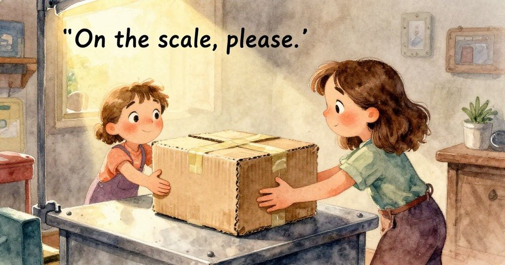 Tess 的手觸碰著粗糙紙箱和包裝膠帶，近攝細節呈現輕柔灰與溫暖粉紅，故事背景逐漸展開。