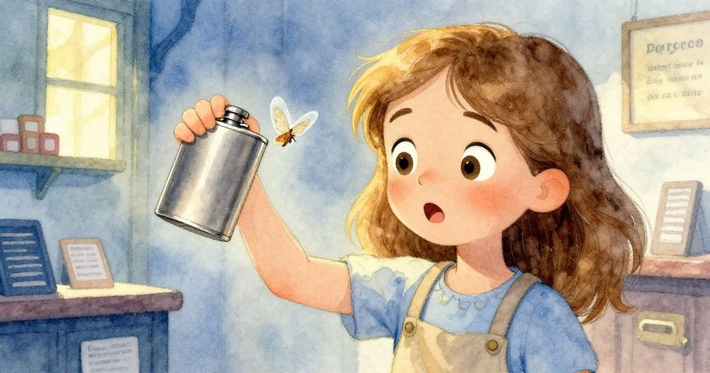 Tess 抬起金屬保溫瓶，驚訝目光望向粉狀翅膀的飛蛾，細緻特寫展現情感轉折，情節漸進。