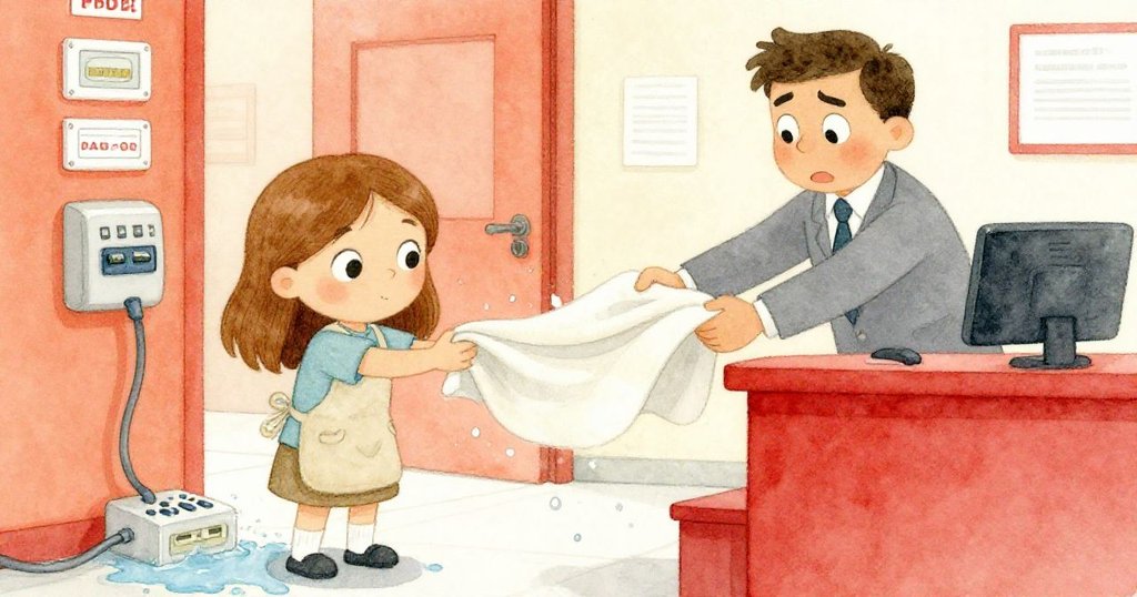 Tess 和一位郵局職員迅速行動，職員用布阻擋水流蔓延，場景展現急切合作與細節動感，情節趨向高潮。