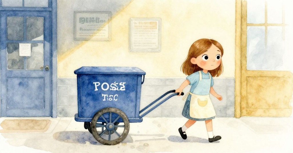 Tess 注視著郵局外，郵件車因一滴水觸動輪子緩緩移動，廣角描繪出結局時安靜而細膩的韻律。