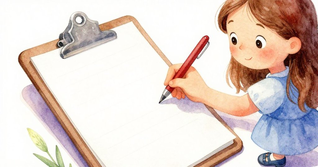 莉莉專注地握著剪貼板，手持筆記錄，近距離展現紙張細節與候診室獨特氣息，表情專注。