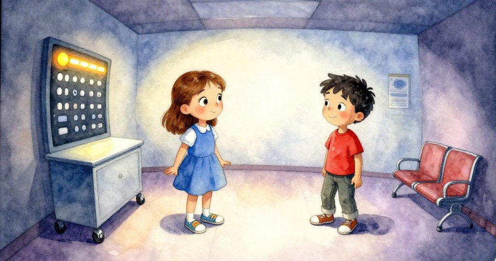 莉莉和拉斐在候診室中以扭曲視角互動，周圍的排隊板和滾動推車呈現奇異視覺效果，充滿趣味與驚奇。