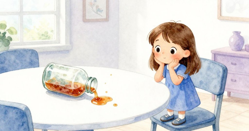 莉莉在候診室中發現傾倒的瓶子與樹脂滴落，室內混合著藥草與松木氣息，臉上流露出疑惑與關注。