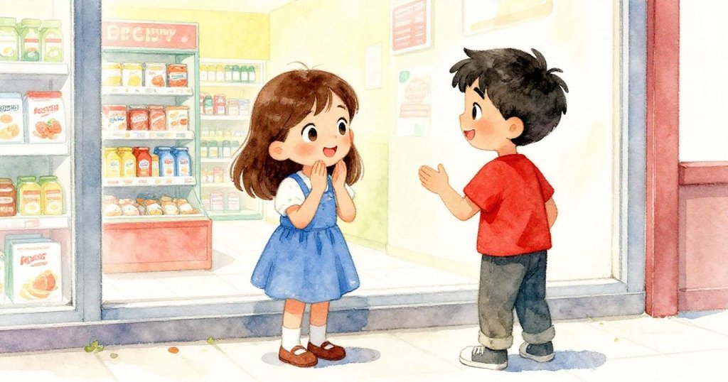 莉莉與拉斐在藥房窗前分享歡欣時刻，臉上滿是輕鬆與喜悅，背景隱現小吃亭和門外景色。