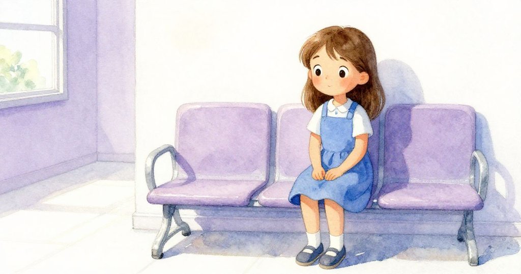 莉莉在候診室的一角安坐於長椅上，神情平靜且滿含感慨，背景隱約展現白天經歷後的溫柔與寧靜。