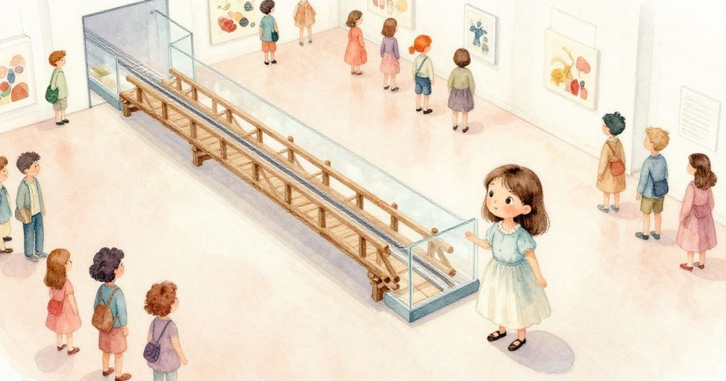 Rosa站在展示廳邊緣,從高空俯瞰展廳,遊客穿梭,環境溫暖柔和,充滿好奇和期待