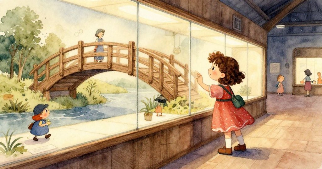 Rosa透過厚玻璃注視杉木橋展示,手持鉛筆在素描本上勾勒雕刻細節,充滿專注與靈感