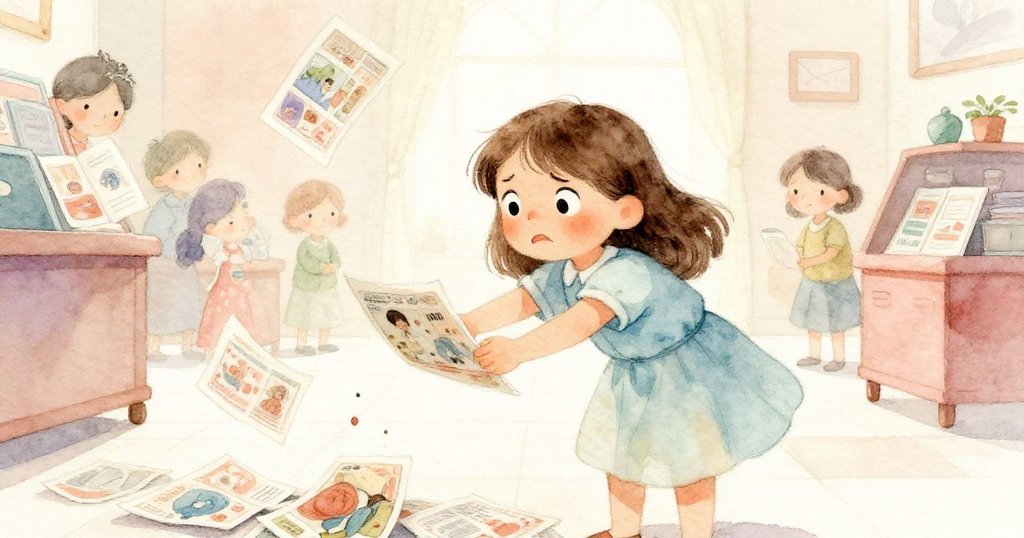 Rosa在大廳彎腰阻止目錄瀑布,表情緊張,用鞋輕推書本,現場充滿決心與急迫感