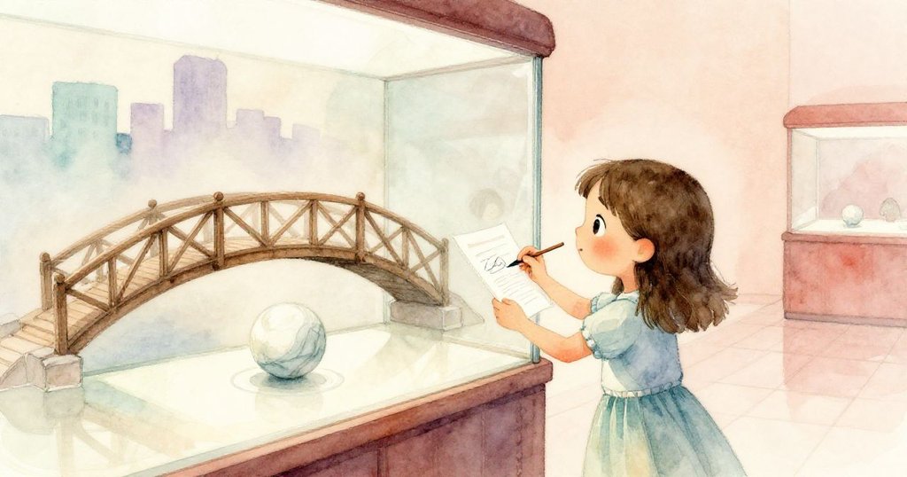 Rosa滿足地走近展示櫃,舉起素描本記錄杉木橋細節,一顆大理石球靜靜迴旋,故事延續氛圍寧靜且溫暖