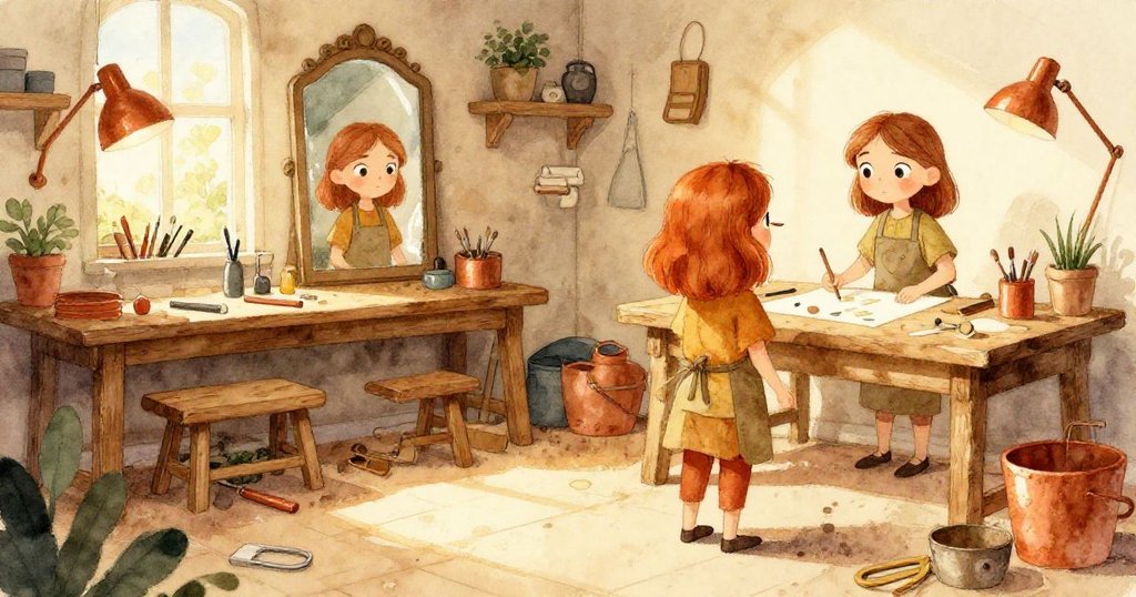 Wren在溫暖工坊裡望著鏡中倒影，環境有木桌、工具和麵團氣息，表情堅定迎接新一天挑戰。