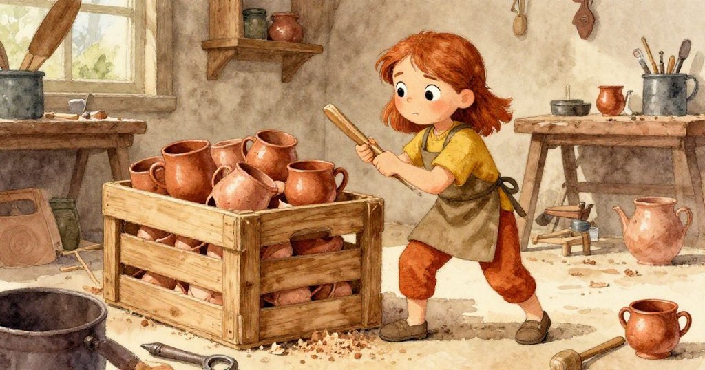 Wren利用雪松楔子頂起沉重箱子，碎木屑飛揚，工坊內工具層次分明，展現專注與努力的過程。