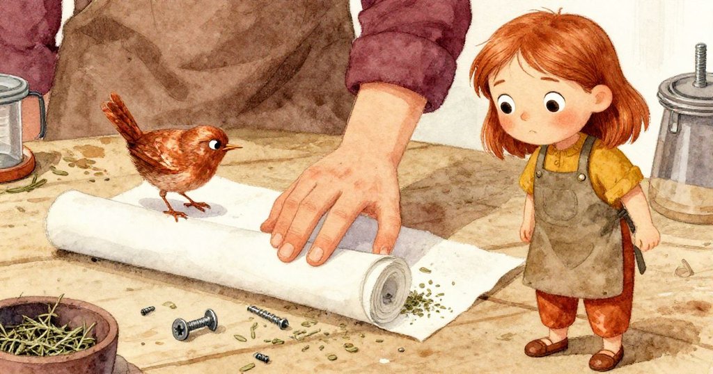 Wren驚喜發現散落地上的紙條與牛至，專注拾起筆記，展現工坊裡意外收穫的瞬間。