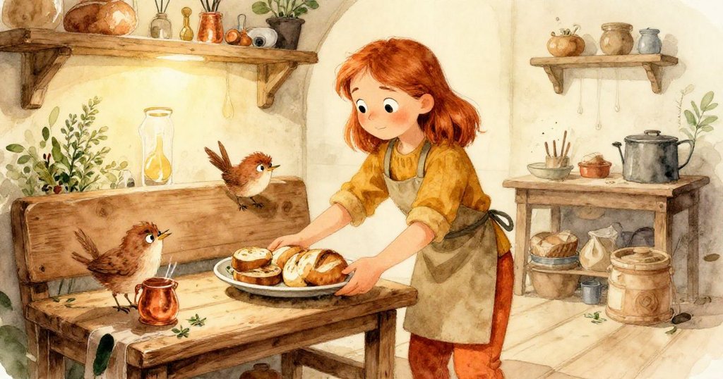 Wren滿懷成就感將大盤輕放木桌上，工坊溫馨光線中散發松香、麵團與香草氣息，完美呈現結局瞬間。