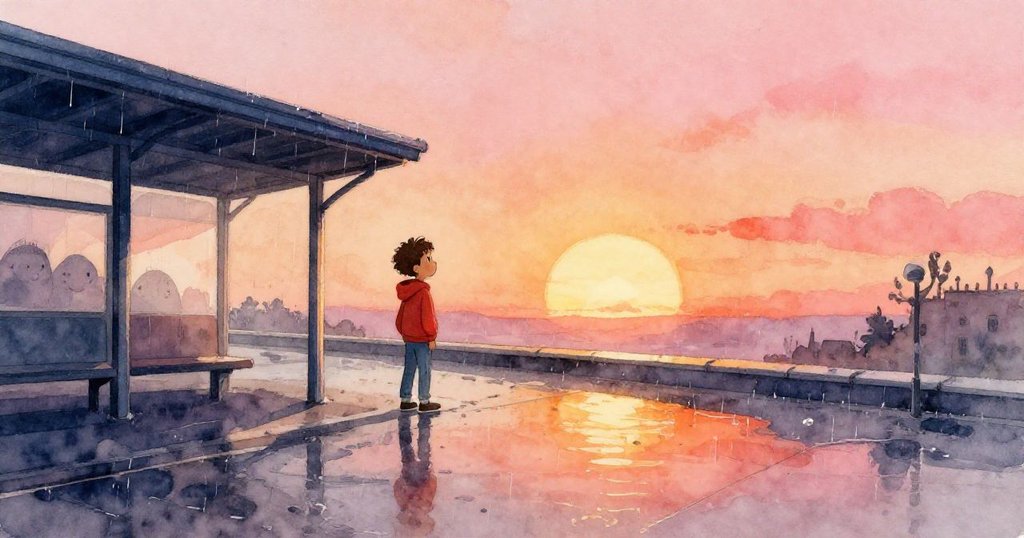 Cal站在濕潤車站屋頂，眼神期待，紅色帽衫映襯夕陽餘暉與雨滴微光，營造出寧靜氛圍。