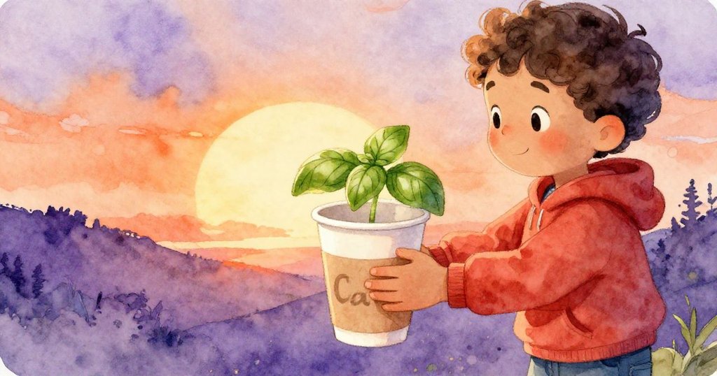 Cal細緻握著紙杯內的小羅勒，杯身滴水在夕陽照射下閃爍，神情專注展示心愛綠植。