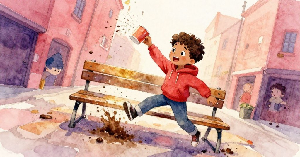 Cal繞過長椅疾奔時，濕袖輕觸行李導致紙杯傾倒，水泥濺起土塵，動態扭曲角度呈現緊張氛圍。