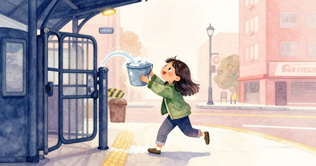 Luna在車站人潮中奮力舉起桶子，濃泡沫水流映出都市節奏，她神情堅定迎向挑戰。