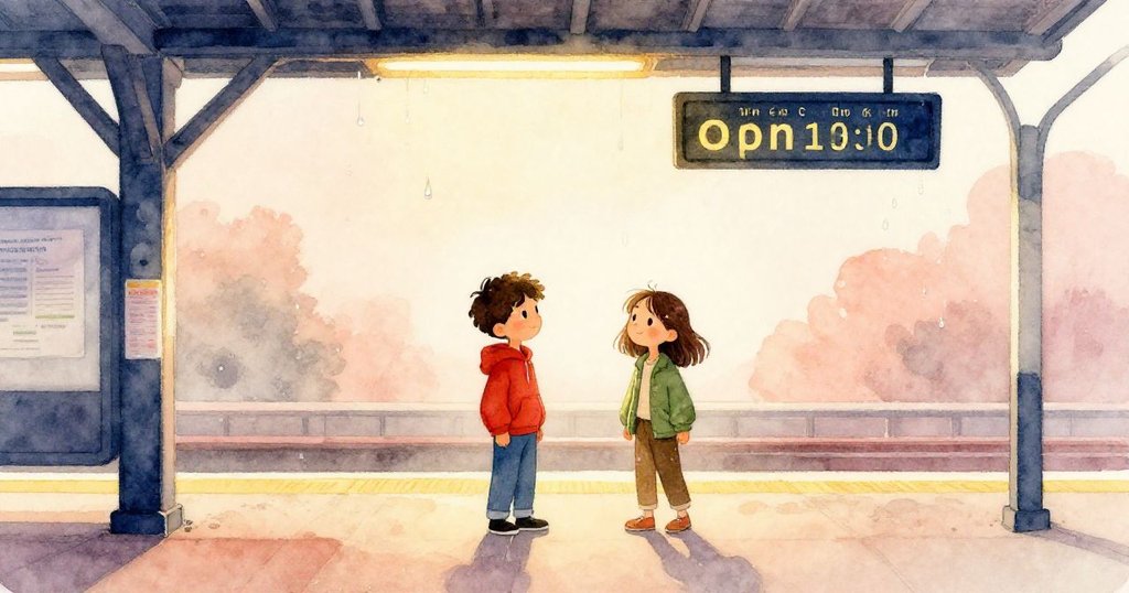 Cal與Luna站在靜謐月台，共望新時刻屏幕閃爍，滴水與文宣堆映襯都市餘韻，彷彿循環展現新希望。