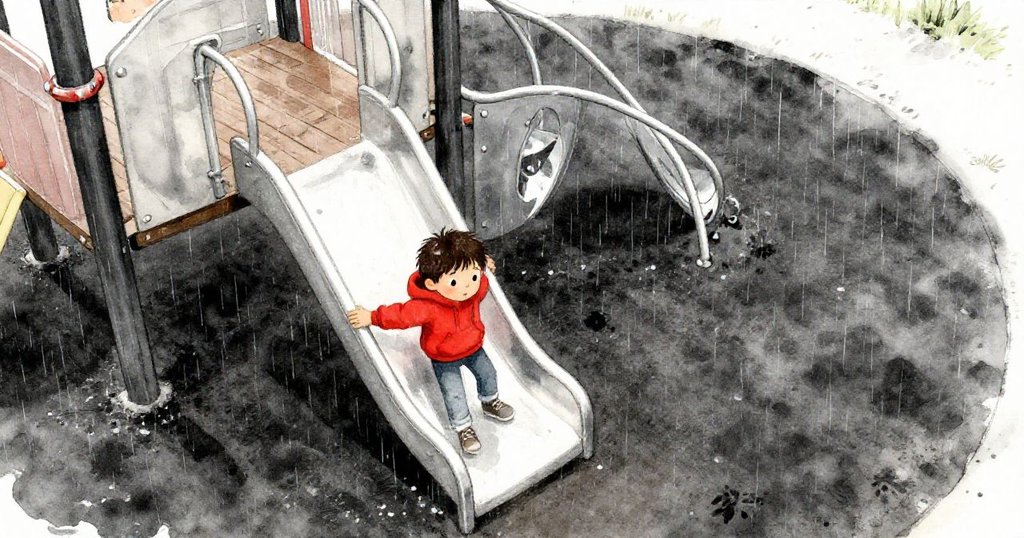 Sage在濕潤操場上緊握滑梯欄杆，鳥瞰全景展現細雨後閃閃水坑，展開冒險旅程的起點。