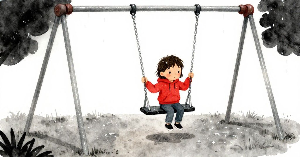 Sage靜立於滿是水珠的搖擺器旁，空曠場景突顯他好奇而沉思的神情，細雨未停。