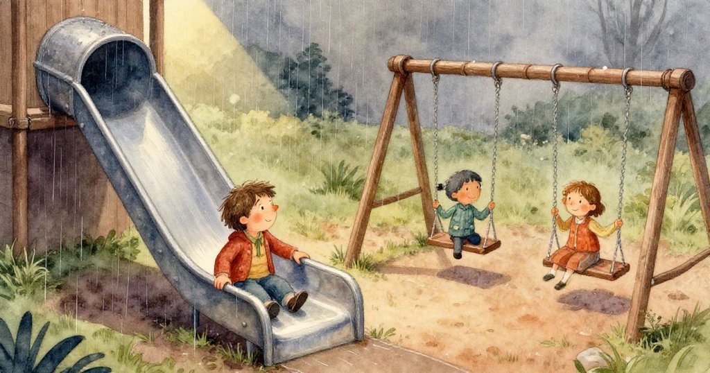 低角度觀察中，濕潤落葉與銳利足跡引向沙上螺旋紋理，隱約映出孩子探險的身影。